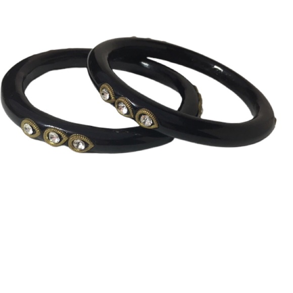 🍍Vintage 70’s Black & Gold Bangles With Crystals Very Art Deco - Picture 2 of 6